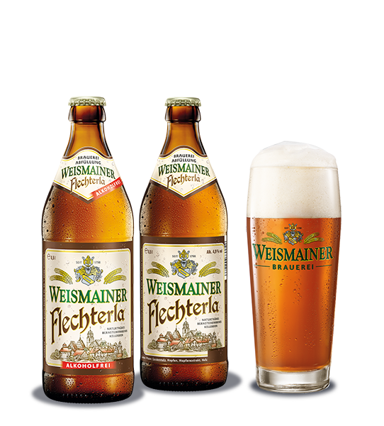 Wiesmainer Flechterla und Flechterla Alkoholfrei Flasche mit gefülltem Willibecher daneben