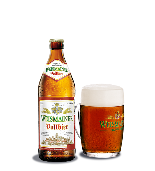Wiesmainer Vollbier Flasche mit gefülltem Krug daneben